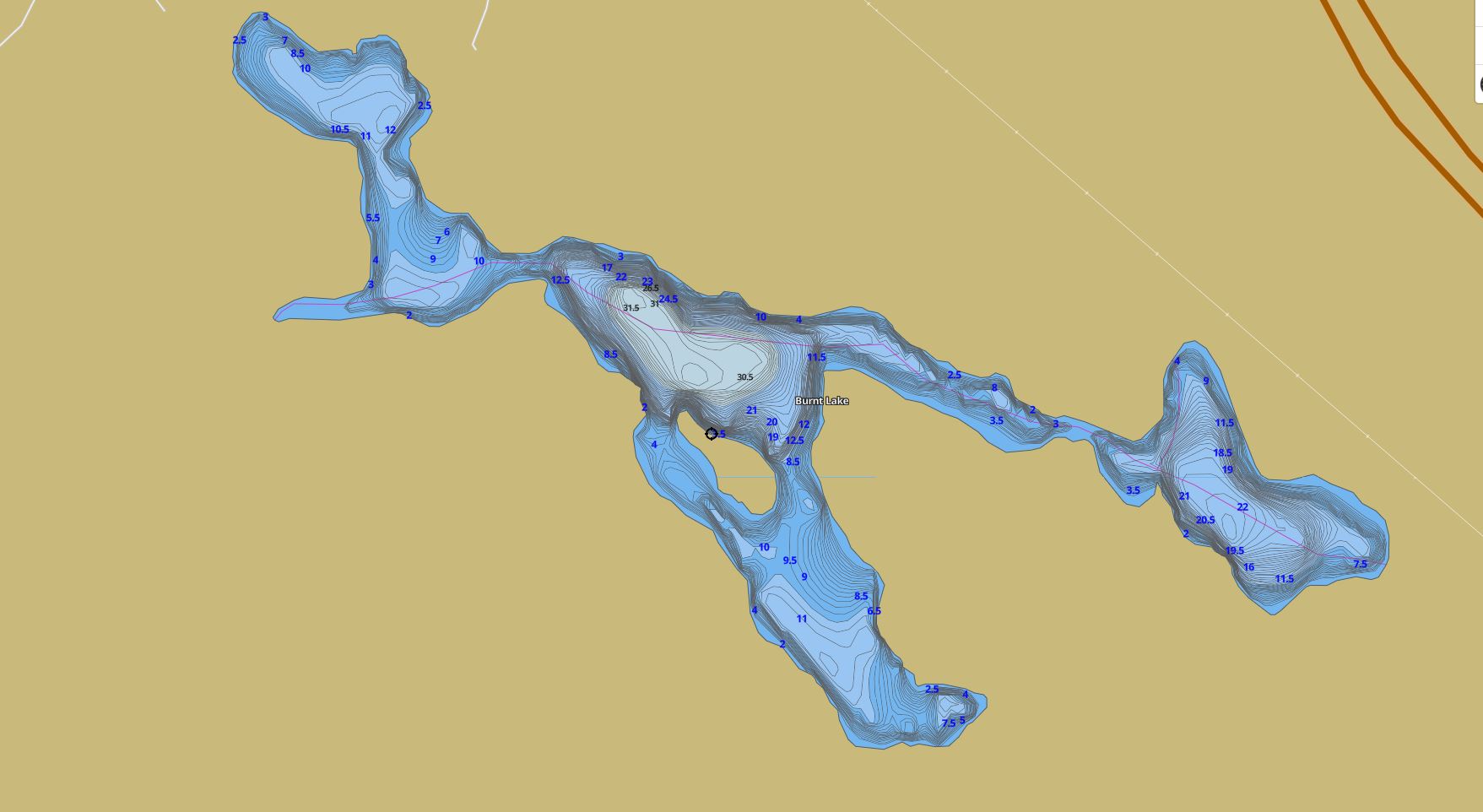 Contour Map of Burnt Lake in Municipality of Archipelago and the District of Parry Sound